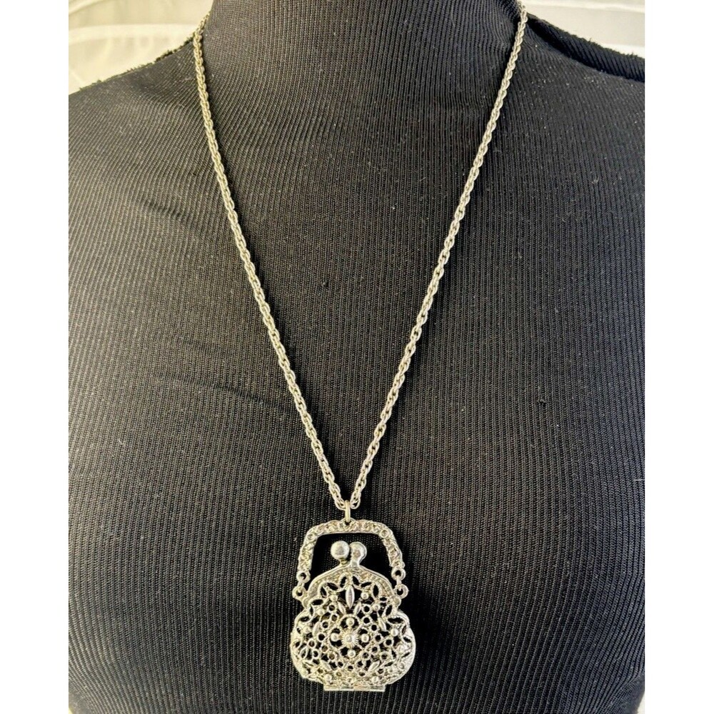 Vtg ART Arthur Pepper Silver Filigree Kiss-Lock Purse Bag Pendant Necklace 25"